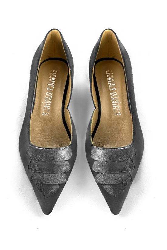 Women's dark grey and antique silver elegant open arch pumps. Pointed toe. Flat flare heels - Top view